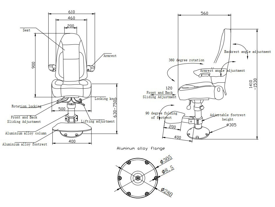 Drawings of TR-009 Helmsman Chair