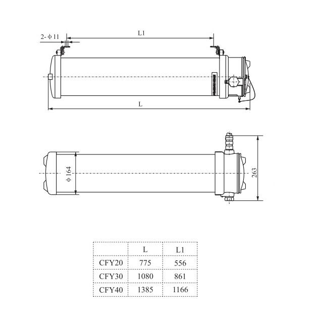 Drawings of CFY20, CFY30, CFY40 Type Explosion Proof Fluorescent Lighting