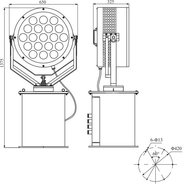 LED illuminant, 400W, the light illumination distance and effect are better than 1000W tungsten halogen lights, Irradiation distance more than 1000 meters. Low-energy, high energy conservation and environmental protection, shock-proof, anti-corrosion, waterproof, super long illuminant working life. The light body can handle pitch by ±30°, 350°horizontally automatic adjustment.