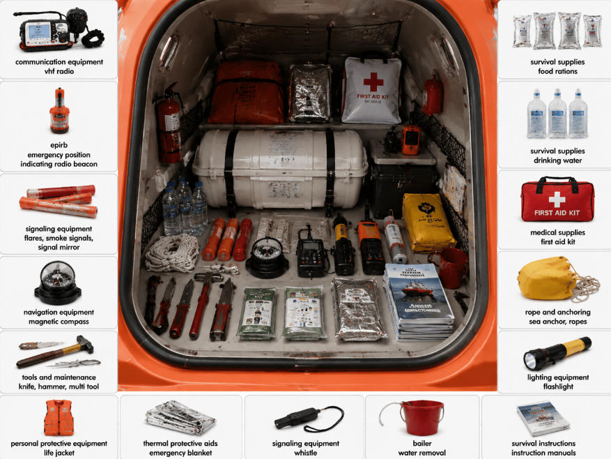 Survival Equipment in a lifeboat
